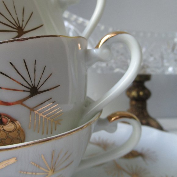 Fine Porcelain 3 Pairs Mug & Saucer Golden Pine, Japan - Picture 2 of 16